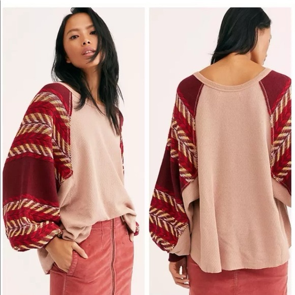 Free People Size L Rainbow Dreams Pullover Boho Knit Sweater with Puff Sleeves - Picture 1 of 6